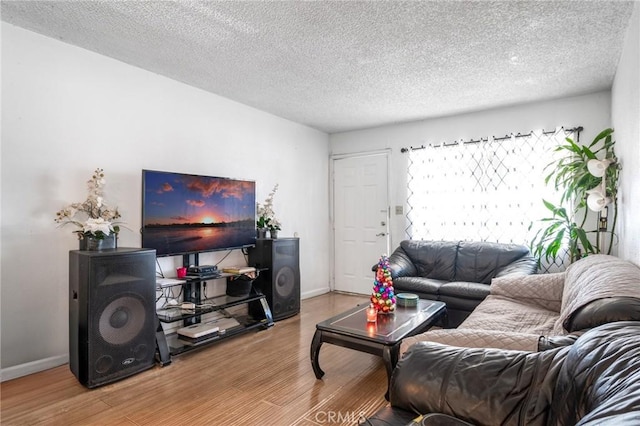 living room with wood-type flooring and a textured ceiling