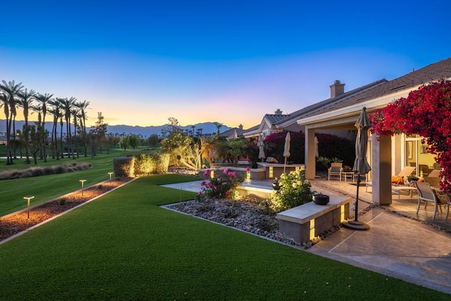 yard at dusk with a patio area