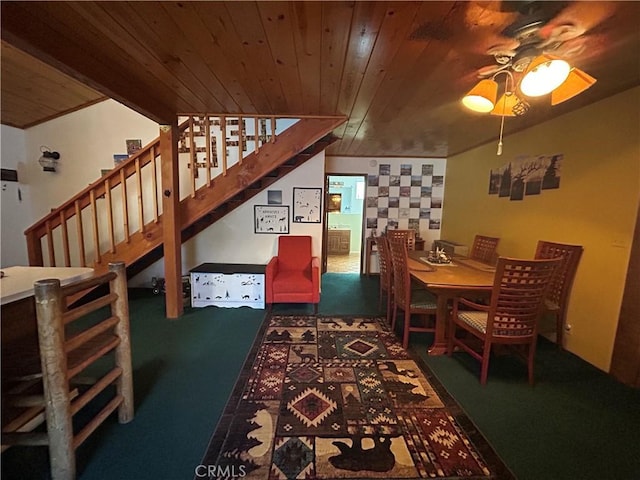 interior space with lofted ceiling, ceiling fan, and wooden ceiling