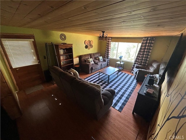 living room with wood ceiling and wood-type flooring