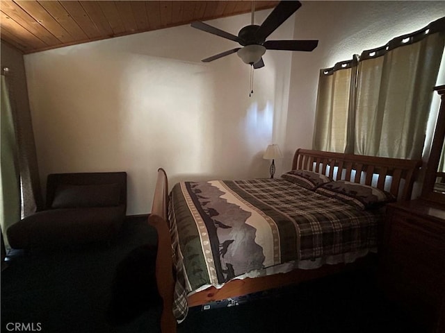 bedroom featuring ceiling fan, wooden ceiling, and vaulted ceiling