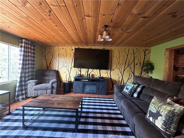 living room with hardwood / wood-style floors and wood ceiling