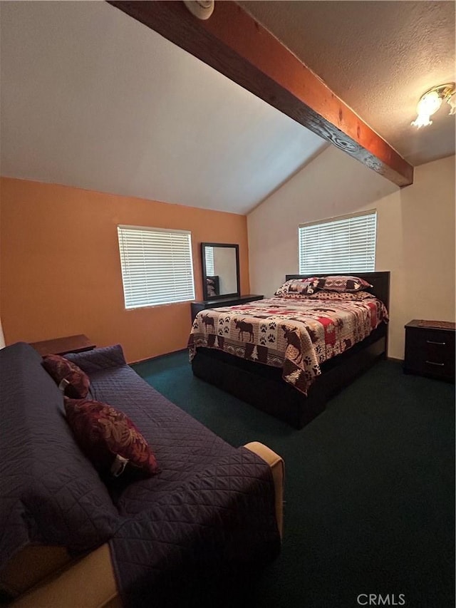 carpeted bedroom with vaulted ceiling with beams and a textured ceiling