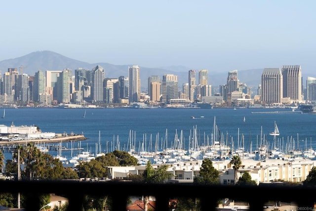 property's view of city with a water and mountain view