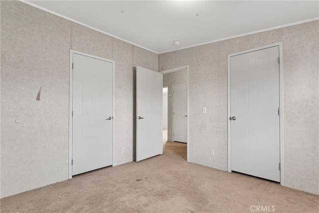 unfurnished bedroom with crown molding and light carpet