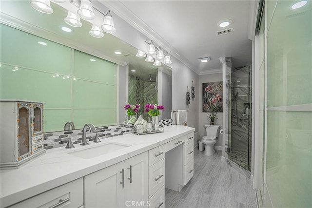 bathroom featuring toilet, a shower with shower door, decorative backsplash, ornamental molding, and vanity