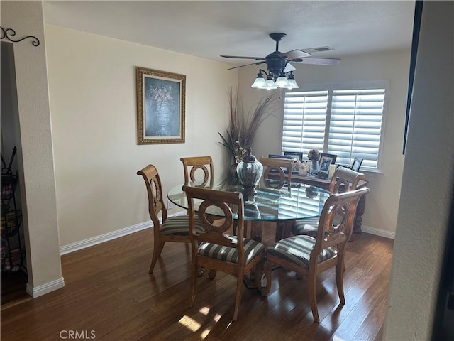 dining room featuring ceiling fan and dark hardwood / wood-style floors