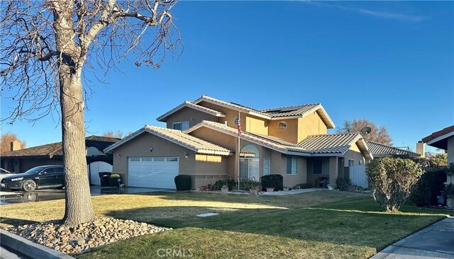 view of front of house with a front yard, a garage, and solar panels