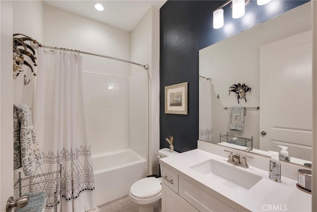 full bathroom featuring toilet, vanity, and shower / tub combo with curtain