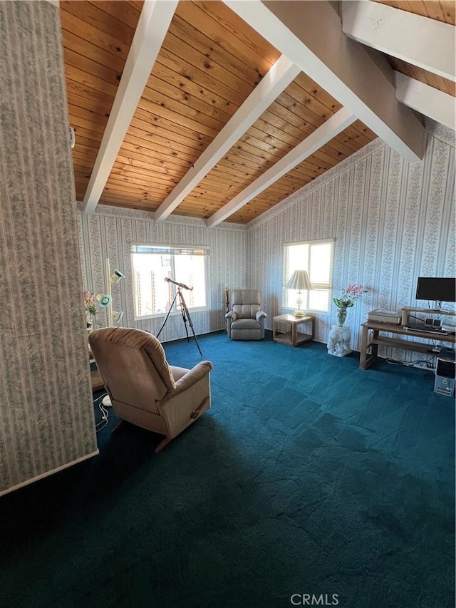 unfurnished room with wooden ceiling, carpet, and vaulted ceiling with beams