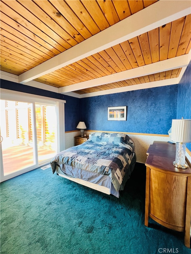 bedroom with vaulted ceiling with beams, access to exterior, wood ceiling, and dark carpet