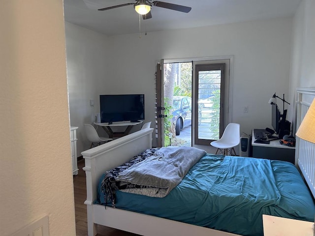 bedroom featuring ceiling fan, access to exterior, and wood-type flooring