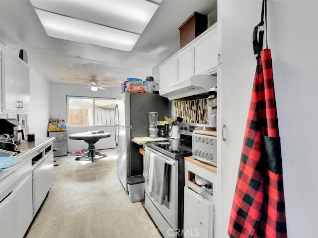 kitchen with white cabinets, ceiling fan, and appliances with stainless steel finishes