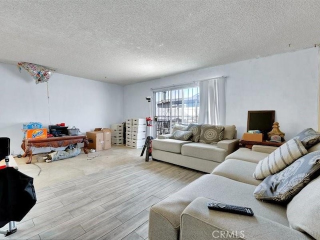 living room featuring light wood-type flooring and a textured ceiling