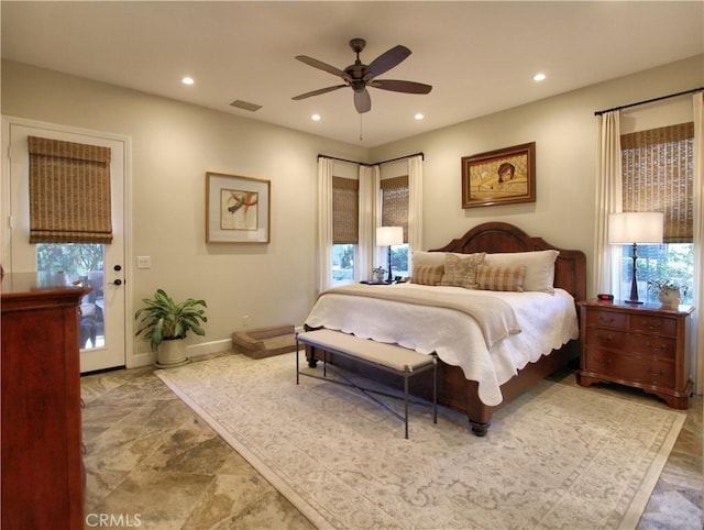 bedroom with access to exterior and ceiling fan