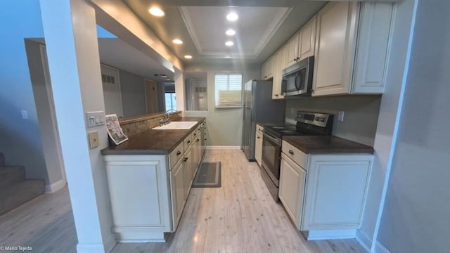 kitchen with white cabinetry, sink, light hardwood / wood-style flooring, a tray ceiling, and appliances with stainless steel finishes