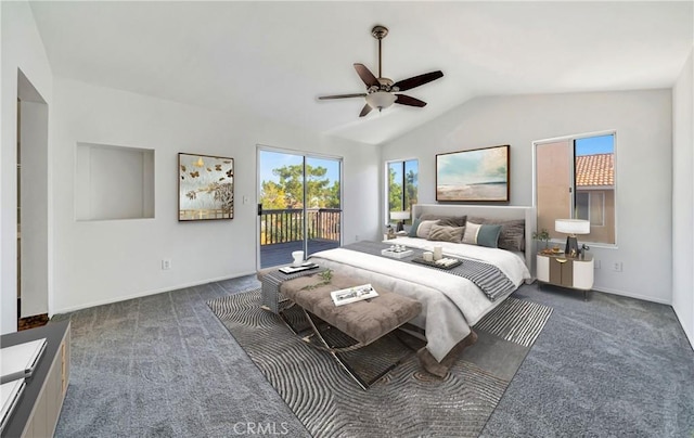 bedroom featuring baseboards, lofted ceiling, ceiling fan, carpet, and access to outside