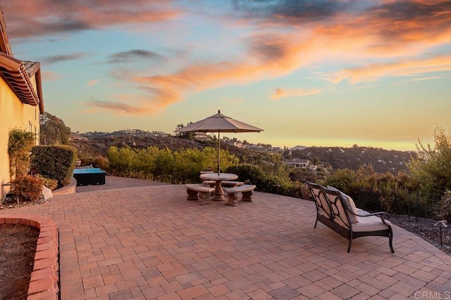 view of patio terrace at dusk