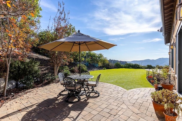 view of patio / terrace with a mountain view