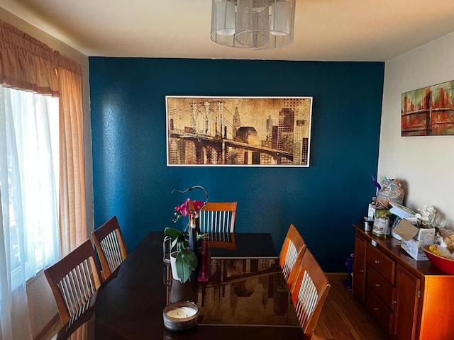 dining space with dark hardwood / wood-style floors