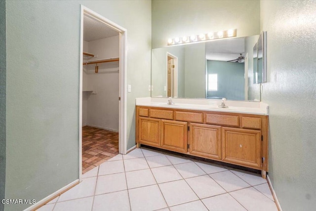 bathroom with vanity, tile patterned floors, and ceiling fan