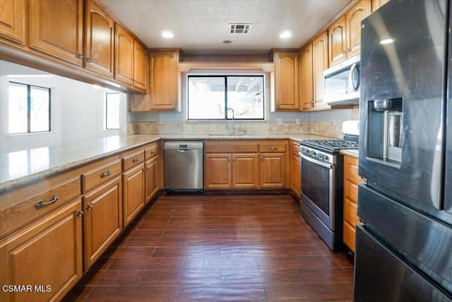 kitchen with appliances with stainless steel finishes, dark hardwood / wood-style floors, a wealth of natural light, and sink