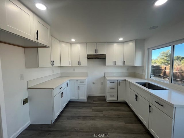 kitchen featuring white cabinets, dark hardwood / wood-style flooring, and sink