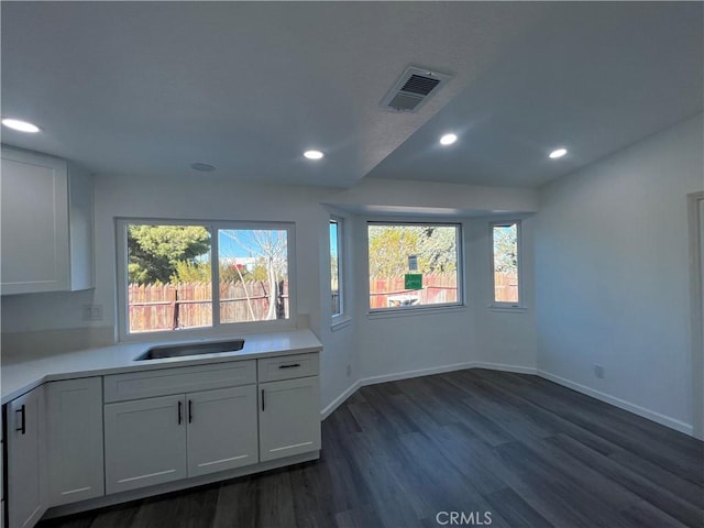 kitchen featuring white cabinetry, plenty of natural light, and dark hardwood / wood-style floors