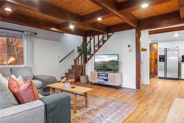 living room with wooden ceiling, beam ceiling, and light hardwood / wood-style flooring