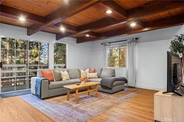 living room featuring wood-type flooring, beam ceiling, and wooden ceiling