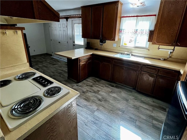 kitchen featuring sink, stove, dark brown cabinetry, kitchen peninsula, and light hardwood / wood-style flooring