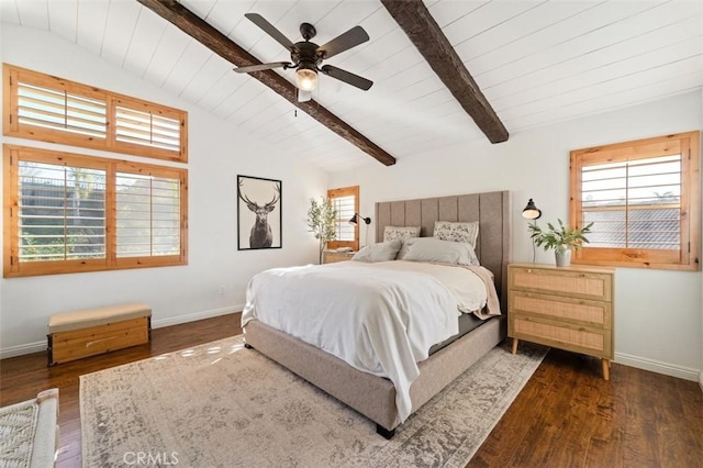 bedroom featuring ceiling fan, dark hardwood / wood-style flooring, and multiple windows