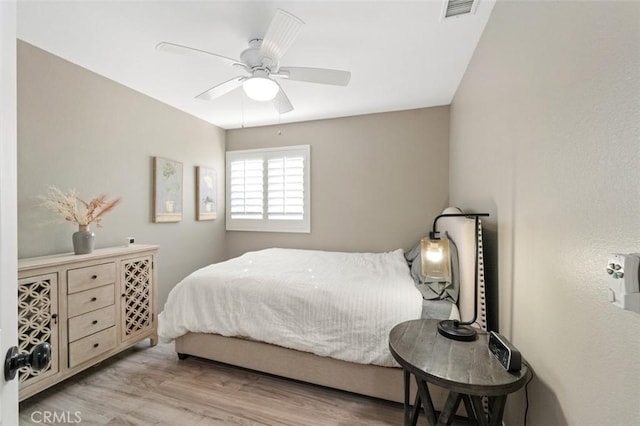 bedroom with ceiling fan and light wood-type flooring