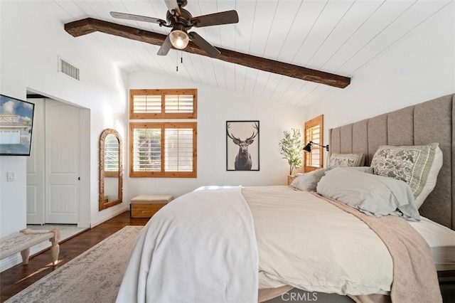 bedroom featuring vaulted ceiling with beams, dark hardwood / wood-style floors, ceiling fan, and wooden ceiling