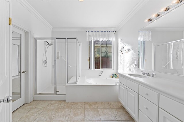 bathroom with tile patterned flooring, vanity, independent shower and bath, and crown molding