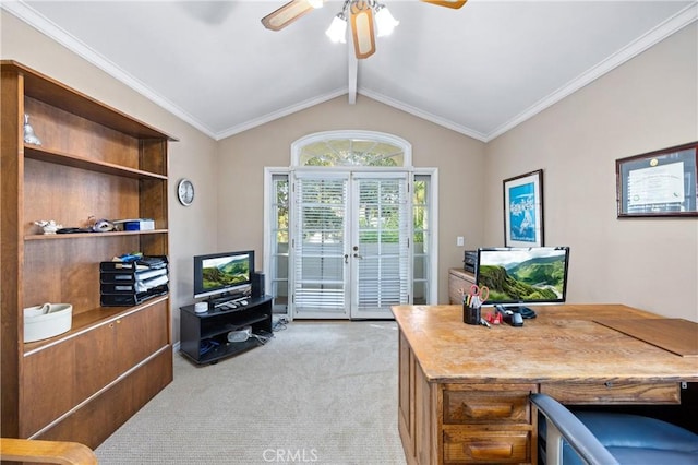 carpeted office space featuring lofted ceiling, french doors, crown molding, and ceiling fan