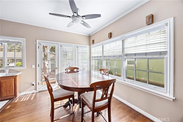 dining room with ceiling fan, crown molding, and light hardwood / wood-style flooring