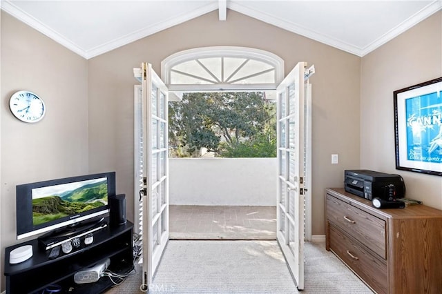 doorway to outside featuring light colored carpet, ornamental molding, lofted ceiling with beams, and french doors