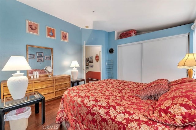 bedroom with wood-type flooring and a closet