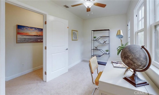 carpeted office space with ceiling fan and crown molding