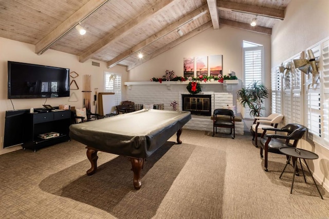 playroom with light colored carpet, beam ceiling, a healthy amount of sunlight, pool table, and wooden ceiling