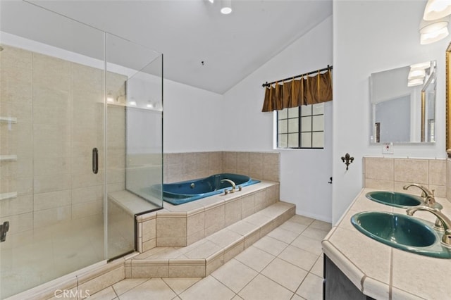 bathroom featuring separate shower and tub, vanity, tile patterned flooring, and lofted ceiling