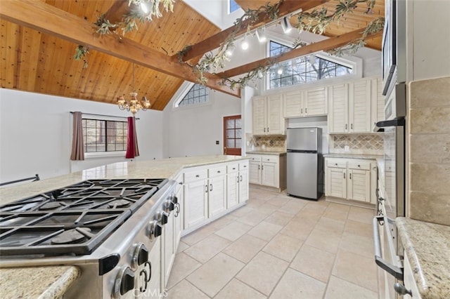 kitchen featuring wood ceiling, stainless steel fridge, backsplash, high vaulted ceiling, and beam ceiling