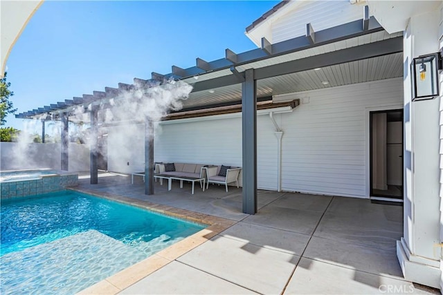 view of swimming pool featuring an outdoor hangout area, an in ground hot tub, and a patio