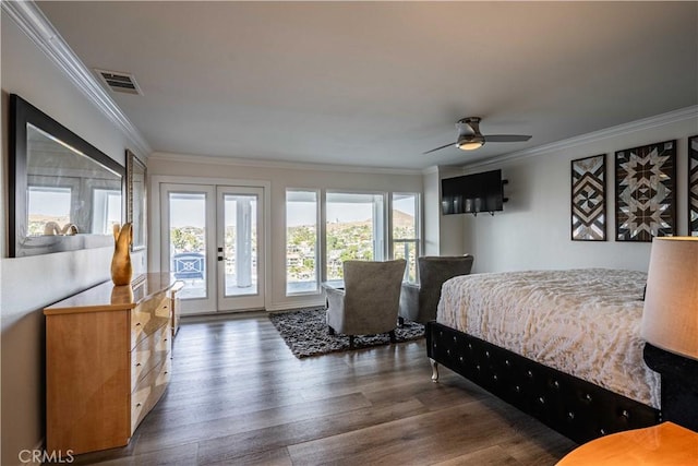 bedroom featuring access to outside, ceiling fan, dark wood-type flooring, and ornamental molding