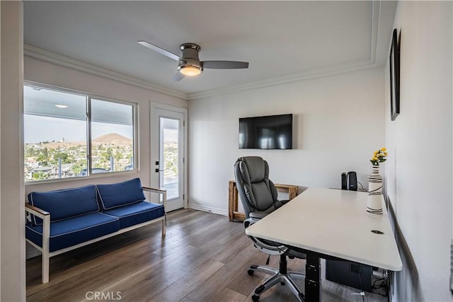 office space with ceiling fan, wood-type flooring, and crown molding