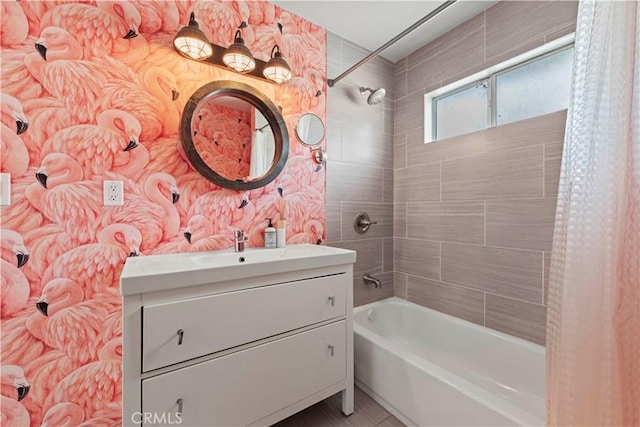 bathroom featuring shower / bathtub combination with curtain and vanity