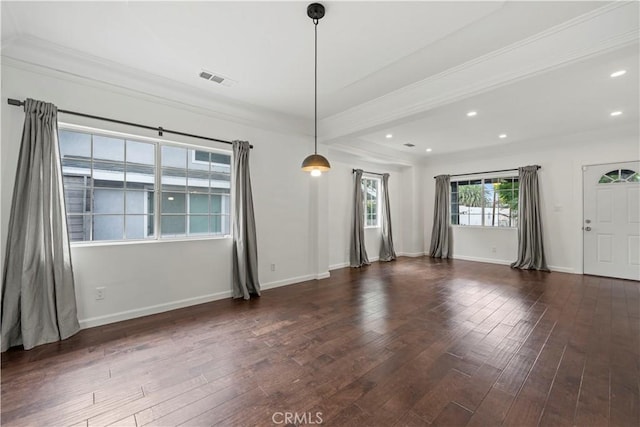 unfurnished room featuring dark hardwood / wood-style flooring and crown molding