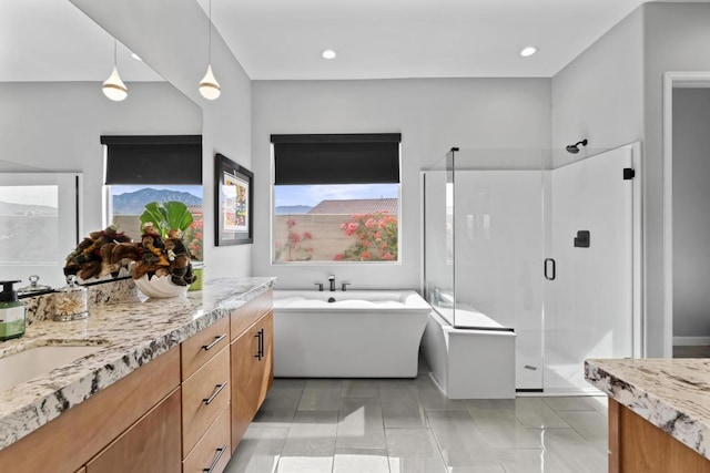 bathroom with vanity, separate shower and tub, and a wealth of natural light