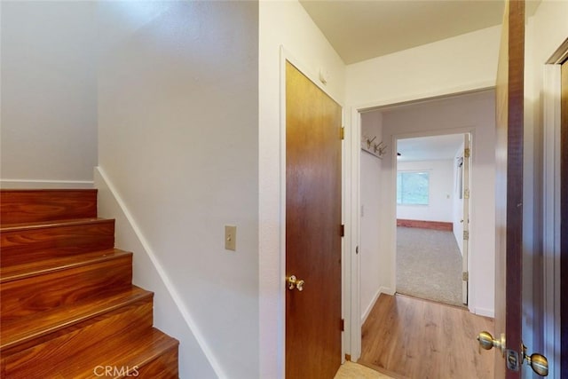 stairs featuring hardwood / wood-style floors